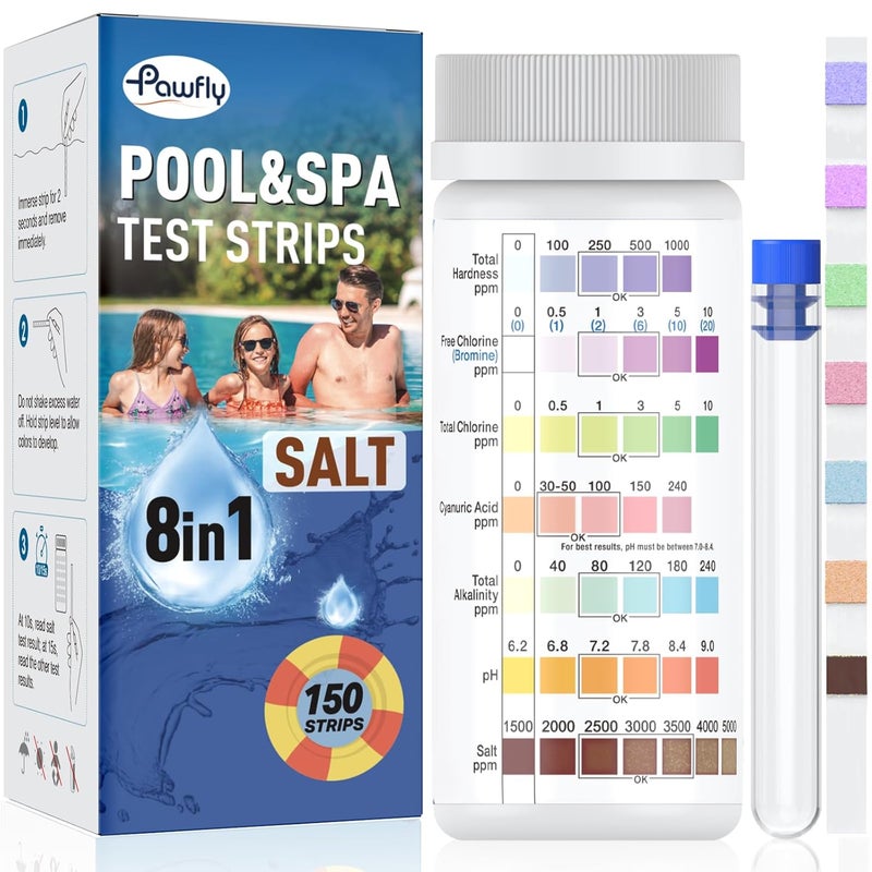Pawfly 8 in 1 Pool Test Strips, 150 Pool Spa and Hot Tub Test Strips, Quick Accurate Strips, Pool Water Testing Kit for pH Free Chlorine Total Chlorine Hardness Bromine Cyanuric Acid Alkalinity & Salt - Image 1